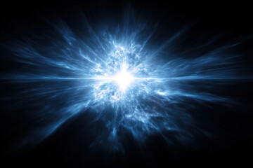 Bright blue cosmic explosion with radiant light beams and glowing energy in dark space, evoking awe and mystery in universe