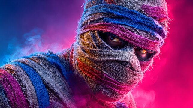 A bewitching gathering: where the extraordinary meets the eerie. Product showcase. Whispering monsters: mummy twirls as friends circle in crimson and noir. Branding asset. Luxury style.