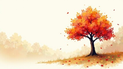 Autumnal Tree on a Gentle Slope with Falling Leaves, a Serene Landscape Illustration