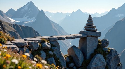 Serene mountain vista with a carefully balanced stone cairn atop a rustic rock bridge