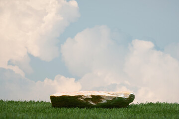 Surreal stone podium with green grass white clouds on blue sky nature forest background.Product present natural placement pedestal minimal display,paradise dreamy concept.