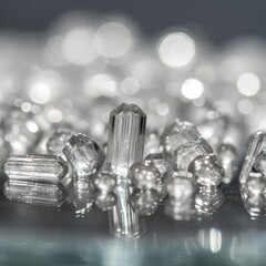 Macro Composition: A delicate mix of shimmering sugar crystals elegantly arranged on glass, enhanced by subtle bokeh and refined elegance.