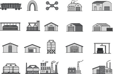 Industrial building icons, factory silhouette, warehouse, silo, refinery, power plant, piping system, storage tank, ventilation structure, black and white vector, infrastructure set
