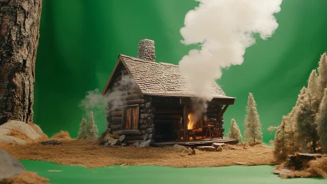 Cozy cabin scene with smoke and fire, miniature model.