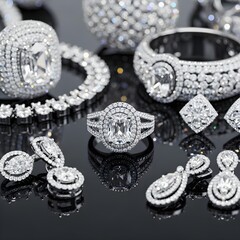 Elegant Macro Perspective: Gleaming Bling Jewelry on Polished Surfaces with Subtle Reflections and Intricate Texture Contrasts Emphasizing Luxury and Craftsmanship