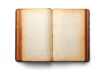Naklejka premium Antique tome featuring unmarked sheets. Classic open volume with vacant pages. Set against a plain white backdrop. Design template with space for writing.
