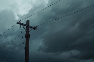 Worn Electrical Cable Twisted Under a Rainy Sky