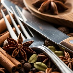 Intricate Macro Showcase of Fine Spices and Elegant Utensils: A Sublime Display of Textural Richness, Subtle Lighting, and Upscale Kitchen Ambiance
