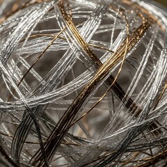 Intricate Fusion: Reflective Metallic Filaments and Glass Fiber Weaves Expressing Vibrant Textures, Seamless Transitions, and Elegant Material Shifts in Detail