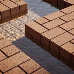 Dynamic and Subtle Interplay of Fluid Water Textures with Rich Bricks: A Refined Minimalist Composition Illuminated by Ambient Contemporary Lighting