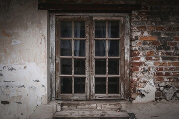 Obraz premium Aged fragile wooden window frames with peeling paint and weathered bricks showing signs of decay on faded white walls