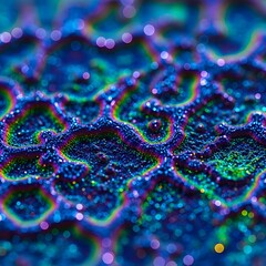 Macro Nanotexture Revelations: A Journey into Vivid, Shimmering Micro Patterns and Organic, Futuristic Art in Soft Glowing Ambiance, Surreally Dynamic