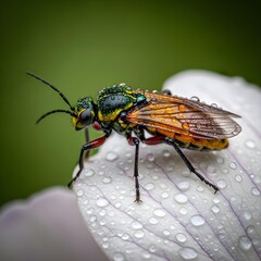 Exquisite Macro Encounter: A Dew-Kissed Insect Perched on a Textured Petal Showcasing Intricate Zoological Details in Luxurious Soft Lighting