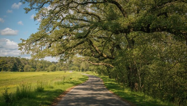Rustic lane bordered by towering oaks