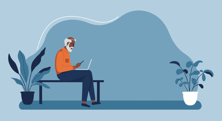 Senior man using laptop and phone engaged in modern technology and digital lifestyle