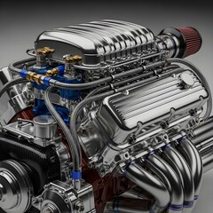 Intricate Macro View of a Polished Vroom Engine: A Stunning Display of Sleek Metal Textures, Soft Lighting, and Minimalist Elegance
