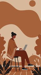 Minimalist illustration person working remotely on laptop outdoors embodying a modern digital lifestyle