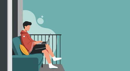 Man working on laptop from home balcony showcasing flexible work and modern lifestyle