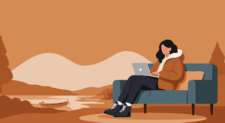 Woman working remotely on laptop outdoors in a peaceful mountain lake landscape