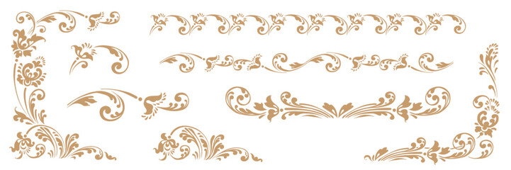 Vintage swirl-style ornament. Russian style, leaf pattern, elegant filigree ornament. Golden arabesque decorative elements. Vector Slavic traditional motif. Suitable for card, wedding, and invitation.