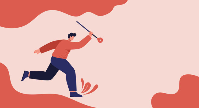 Determined man running with a pole symbolizing progress goal pursuit and active effort