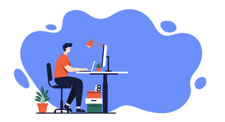 Man working remotely at desk with laptop Modern work digital lifestyle home office concept
