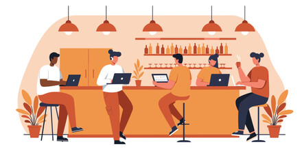 Diverse professionals working remotely on laptops and tablets in a modern cafe