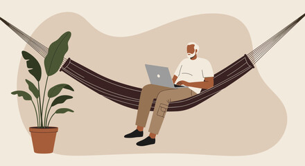 Older man working on laptop in a hammock symbolizing remote work and relaxed lifestyle