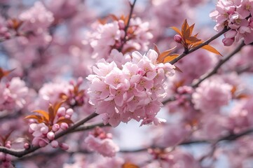 Gentle pink flowers decorate the tree limbs, evoking a peaceful early spring mood.