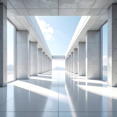 Modern architectural hallway with sunlight and concrete pillars