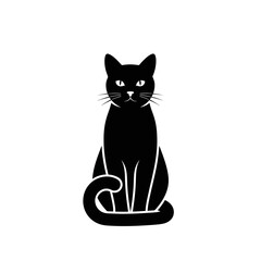 A sleek black cat sits elegantly with its tail curled around its body.