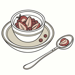 A delicious bowl of fresh strawberries and berries served with a spoon containing a strawberry slice