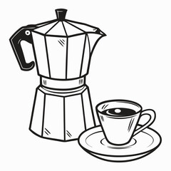 Classic black and white illustration of a stovetop coffee maker with a cup of hot coffee on a saucer