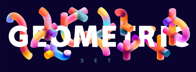  Set of rounded iridescent geometric shapes. Collection unusual multi-colored pipes and arches.