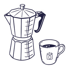 Hand drawn illustration of a classic stovetop moka pot coffee maker and a full mug of coffee