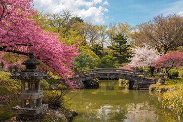 Peaceful garden scene featuring a stone lantern and bridge spanning a pond adorned with cherry blossoms on a radiant sunny day