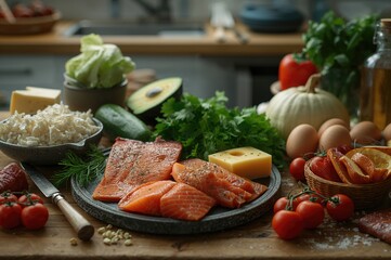 Keto lifestyle essentials: A variety of nutritious low-carb foods displayed on a kitchen surface including green veggies, meats, fish, dairy, and eggs