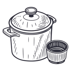 Hand drawn sketch of a cast iron dutch oven with a small ramekin next to it on a white background