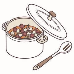 Illustration of a dutch oven filled with stew and a slotted spoon ready for serving delicious homemade food