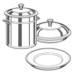 Illustration of a large cooking pot a serving dish with lid and a plate presented in a clean line art style