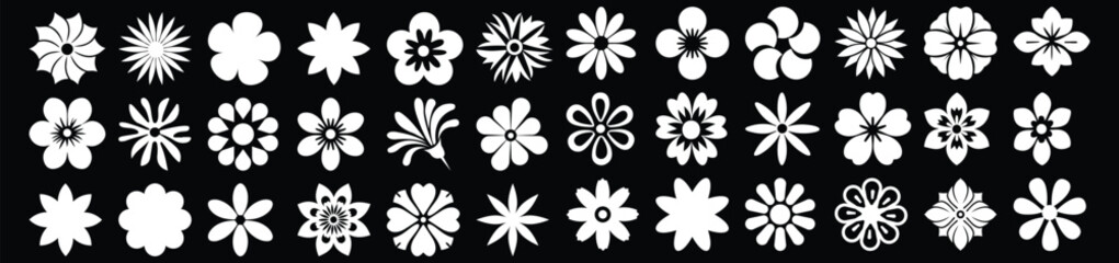 Collection of diverse white flower icons on a black background