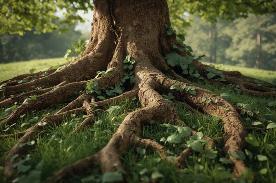 Grass encircling tree roots in a lush garden setting, ideal for backgrounds with a summer or spring vibe