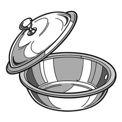 Stylized illustration of a silver serving dish with its lid partially open isolated on a white background