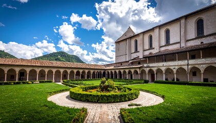 Beautiful Courtyard Garden with Arches and Mountains.