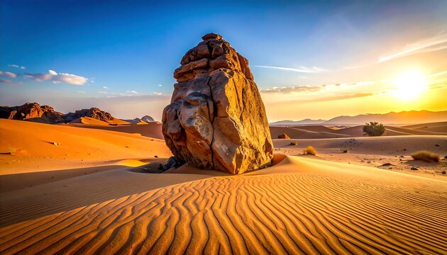 Desert landscape with a large rock formation at sunset, rippled sand dunes, and bright sky