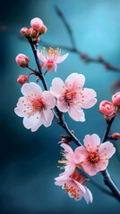 Pink cherry blossoms blooming on branch against deep blue background