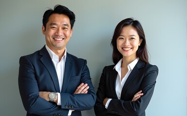 Portrait of successful Asian businessman and businesswoman with arms crossed and smile. High quality