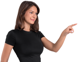 Woman int-shirt smiling and pointing to the right with finger, realistic style, isolated on white background. Concept of direction or interface interaction