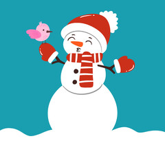 Cute Simple Snowman with Scarf, Mittens, and Santa Hat Holding a Little Bird