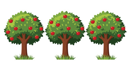 Fototapeta premium Three vibrant apple trees laden with ripe red fruit, perfect for illustrating healthy eating, nature's bounty, or seasonal themes